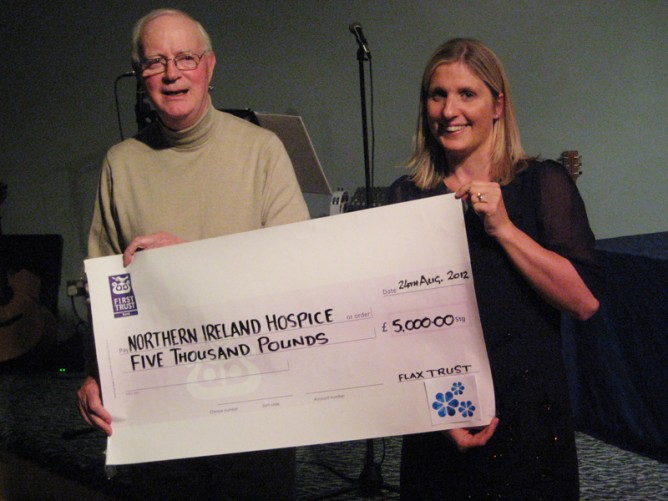 Fr Myles with Hospice Cheque 668x501 Flax Trust Rose Bowl 2012